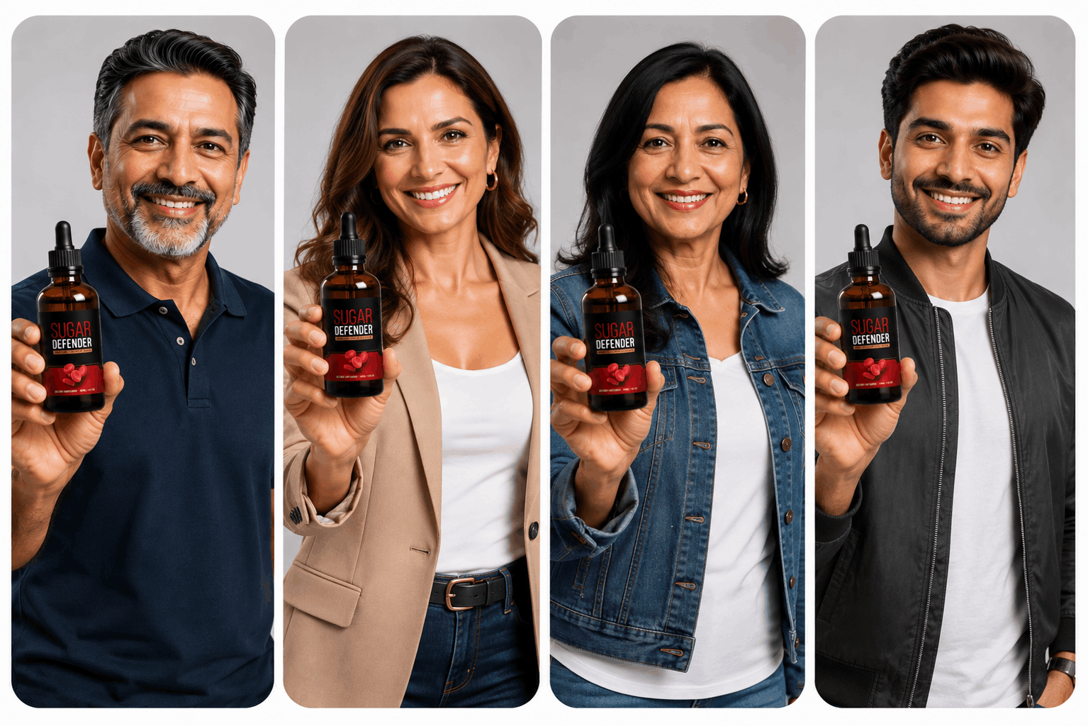 Four happy adults holding Sugar Defender dropper bottles, showcasing natural blood sugar support supplement.
