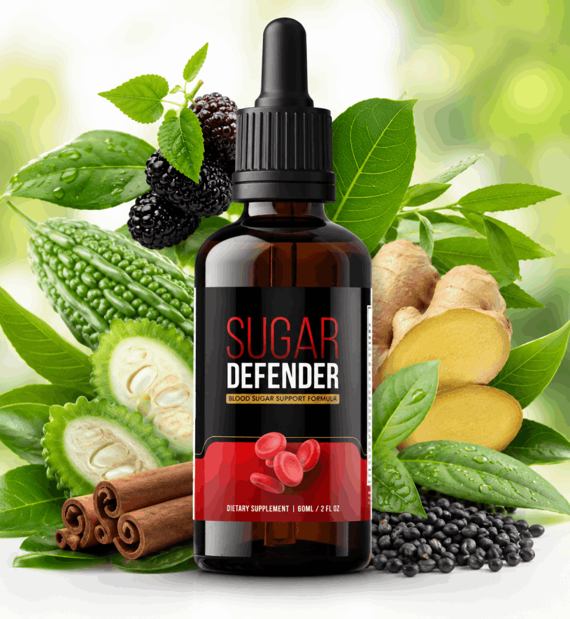 Sugar Defender blood sugar support supplement with herbal ingredients and dropper bottle.