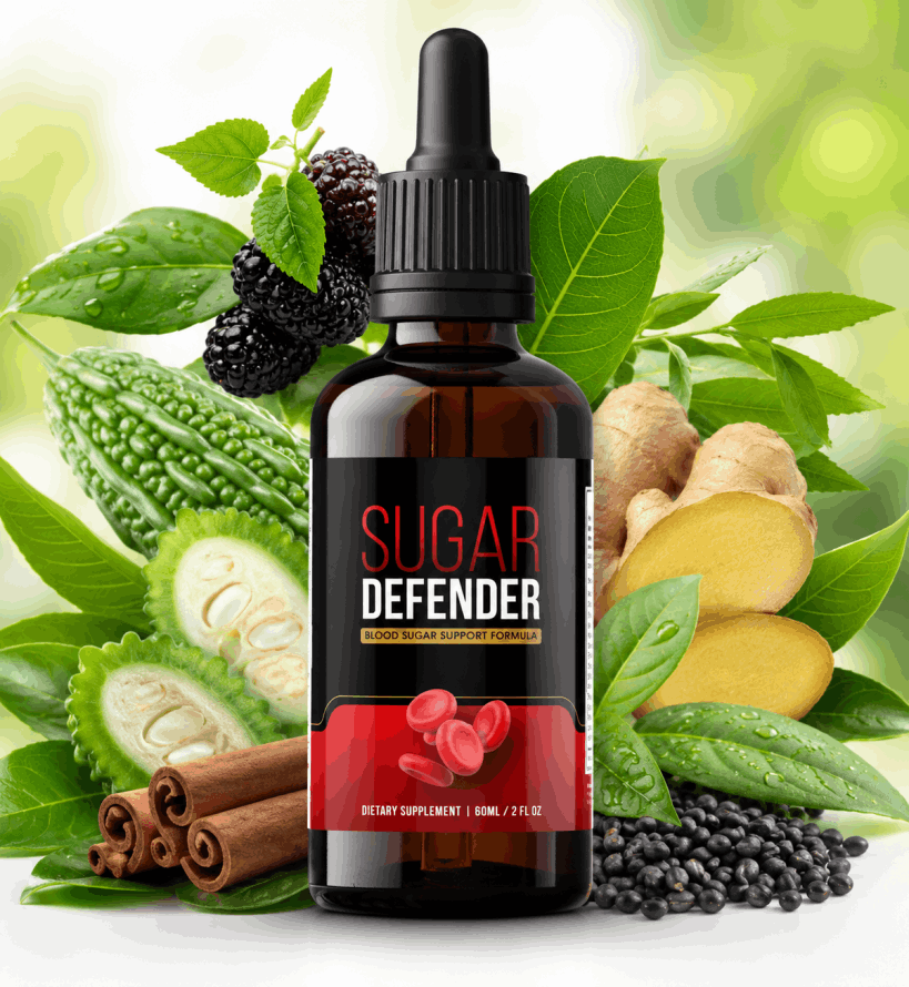 Sugar Defender blood sugar support supplement with herbal ingredients and dropper bottle.